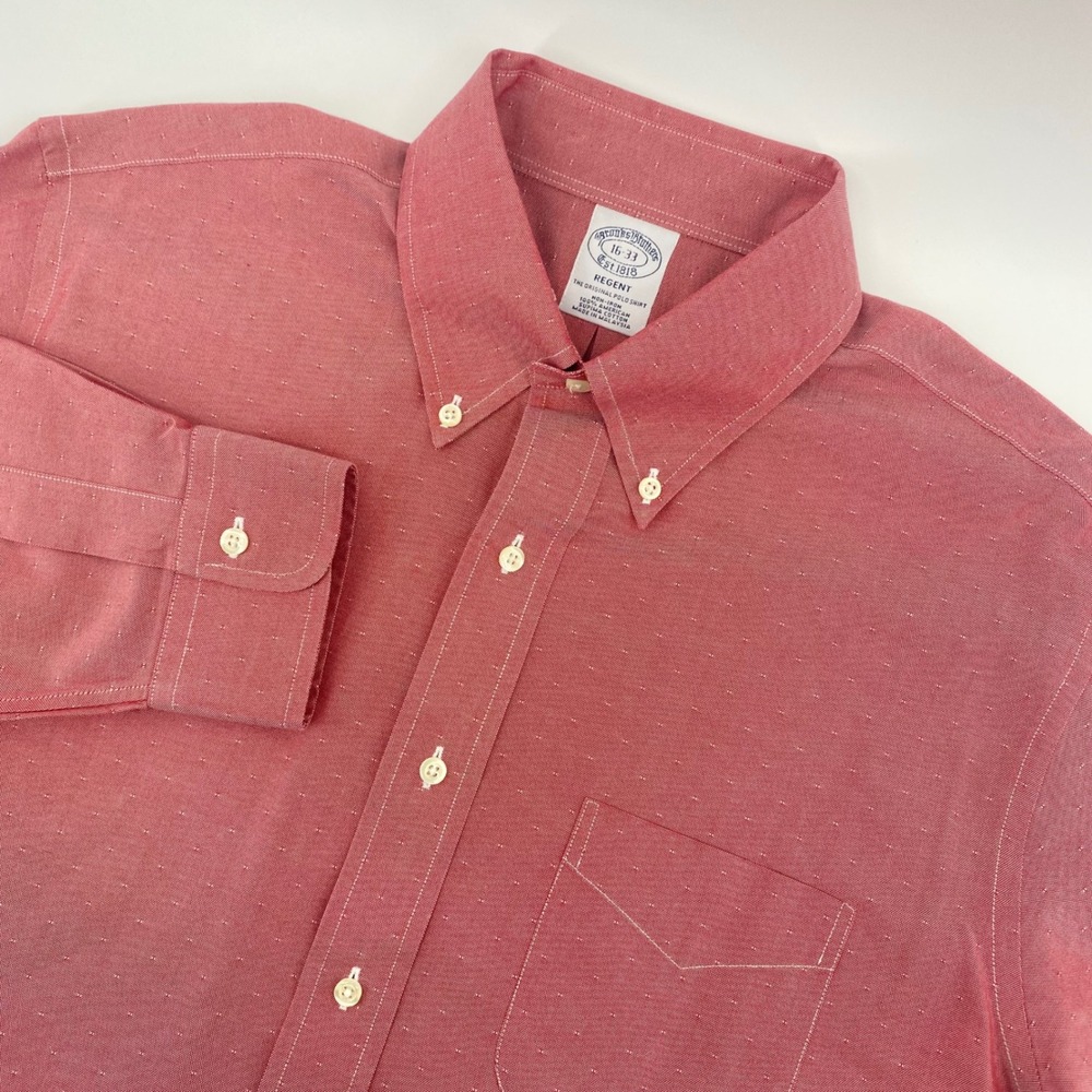 Brooks Brothers Dress Shirt Men 16-33 Red Regent Non-Iron Supima Cotton Dot Long